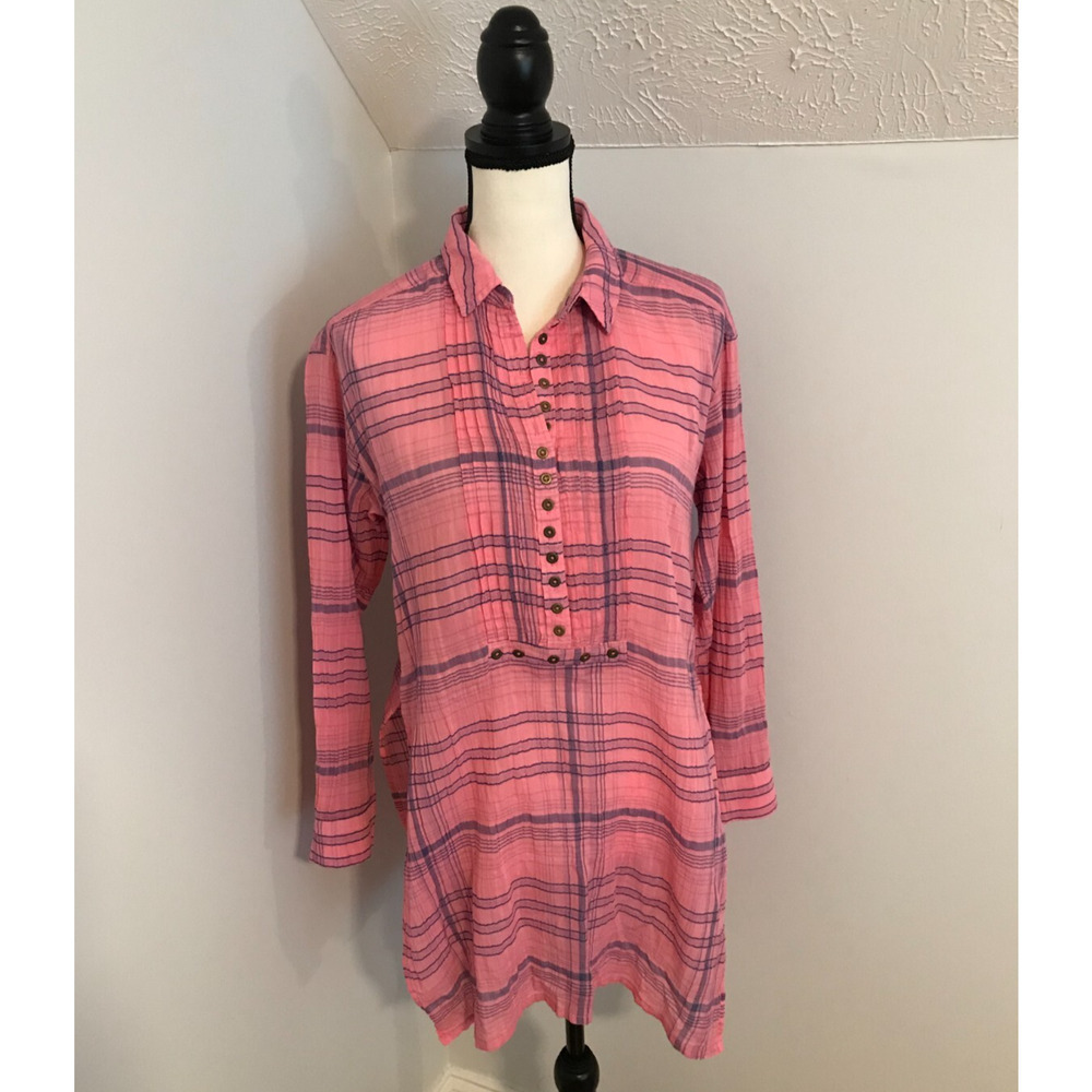 Anthro Pilcro Plaid Tunic XS Pink Blue Henley Pintuck High Low Shirt - Picture 2 of 11
